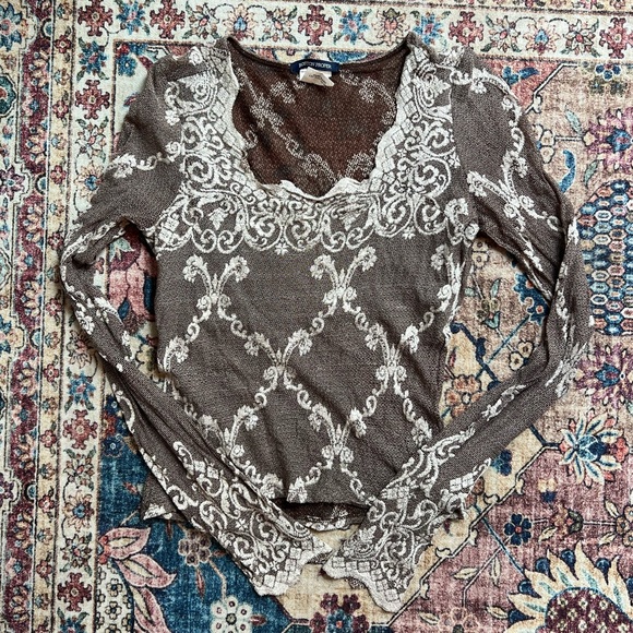 Boston Proper vintage y2K Brown and White sheer Lace stretchy Long Sleeve Top, M - Picture 1 of 8